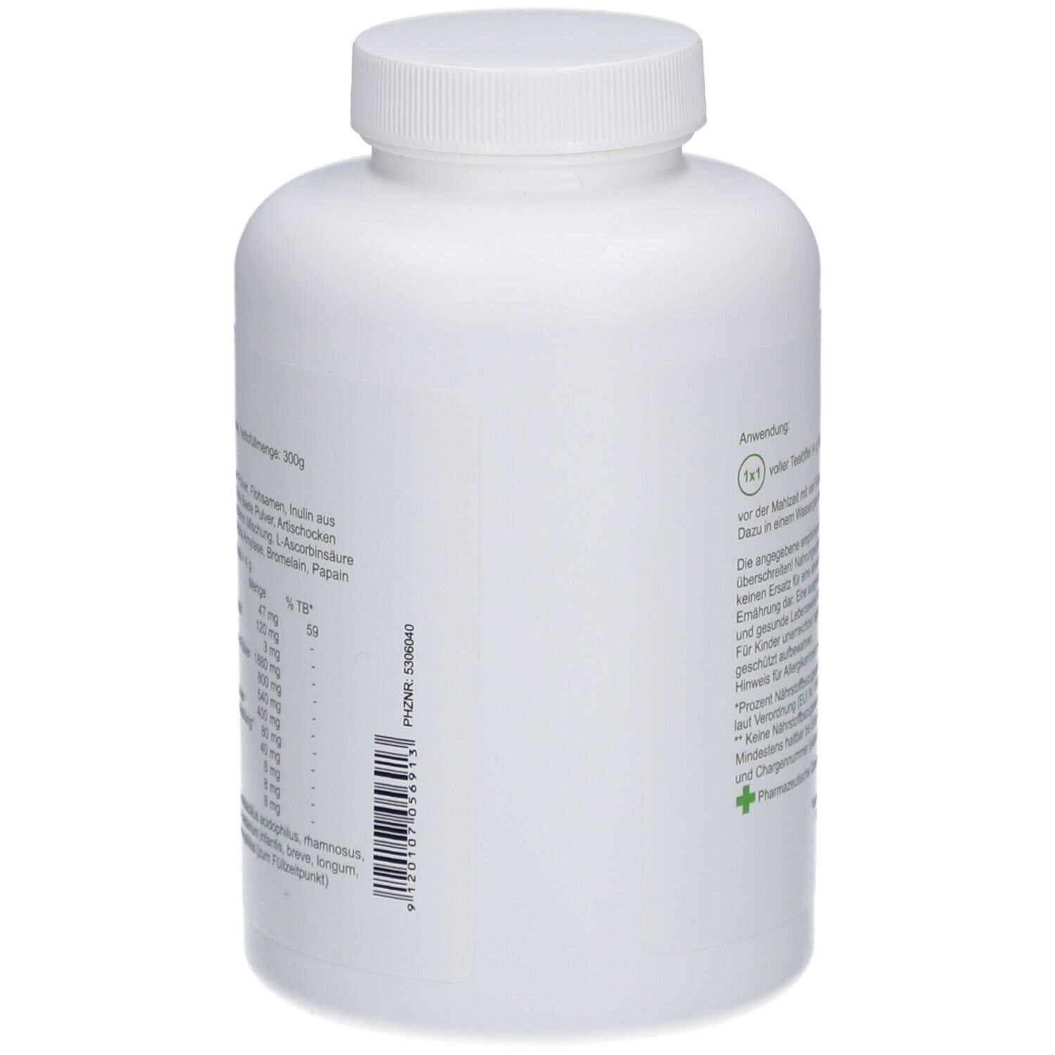 Weiße Flasche, Rückseite mit Text und Barcode. Beschriftung: PhytoAustria, Inhaltsstoffe, Nährwertangaben.