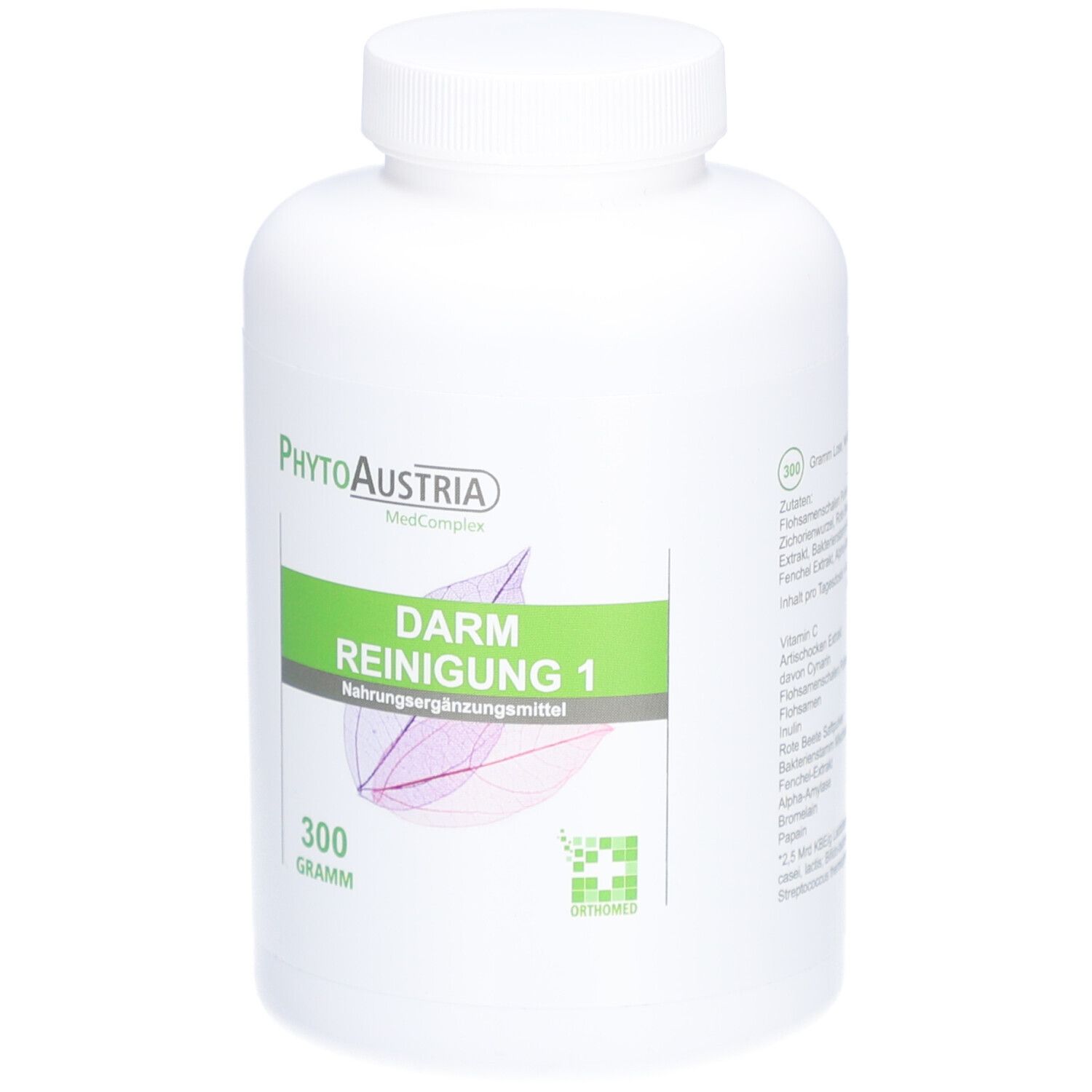 Weiße Flasche mit grünem Etikett. Beschriftung: PhytoAustria, Darm Reinigung 1, 300 Gramm. Nahrungsergänzungsmittel.