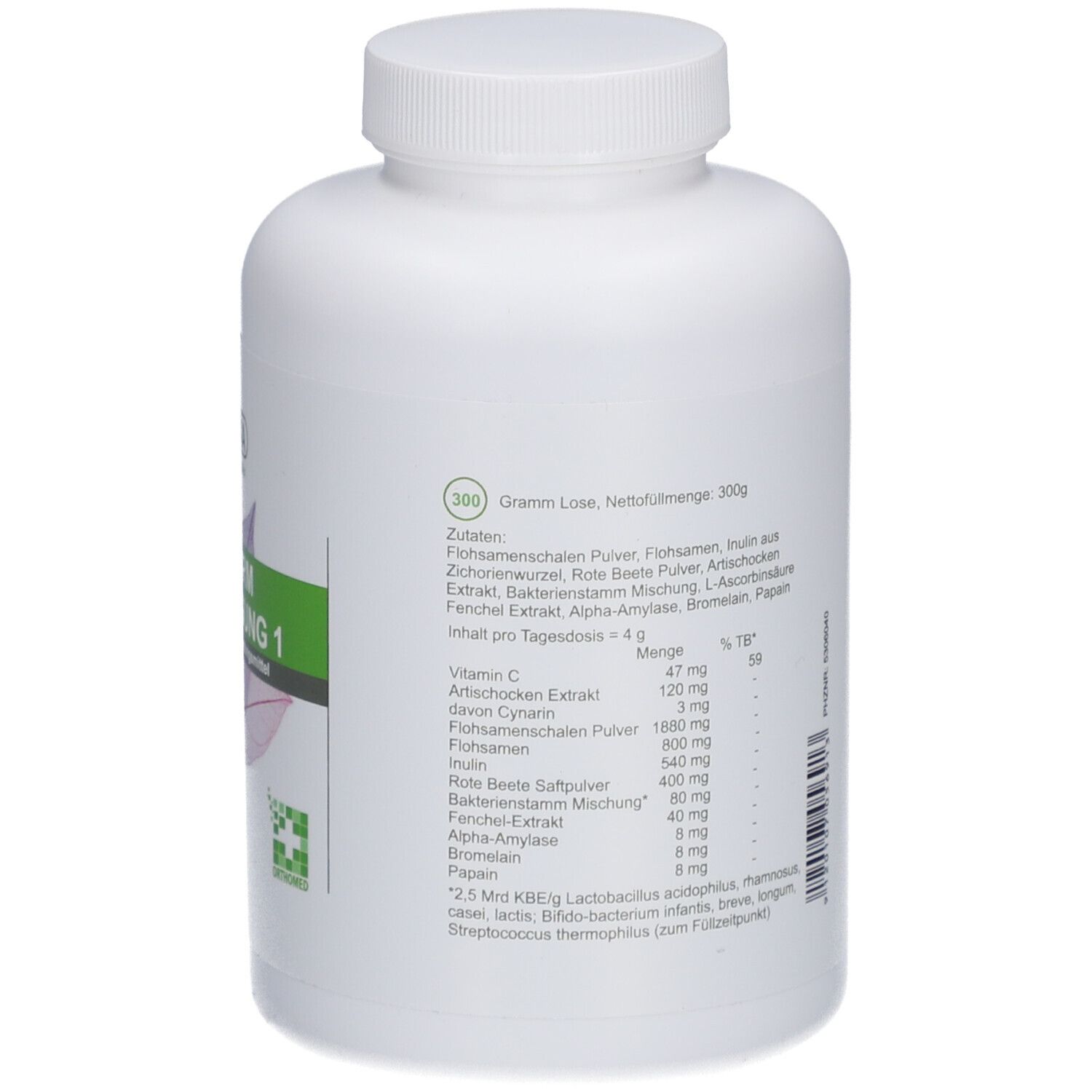 Weiße Flasche, Rückseite mit Text. Beschriftung: PhytoAustria, Inhaltsstoffe, Nährwertangaben, 300 Gramm.
