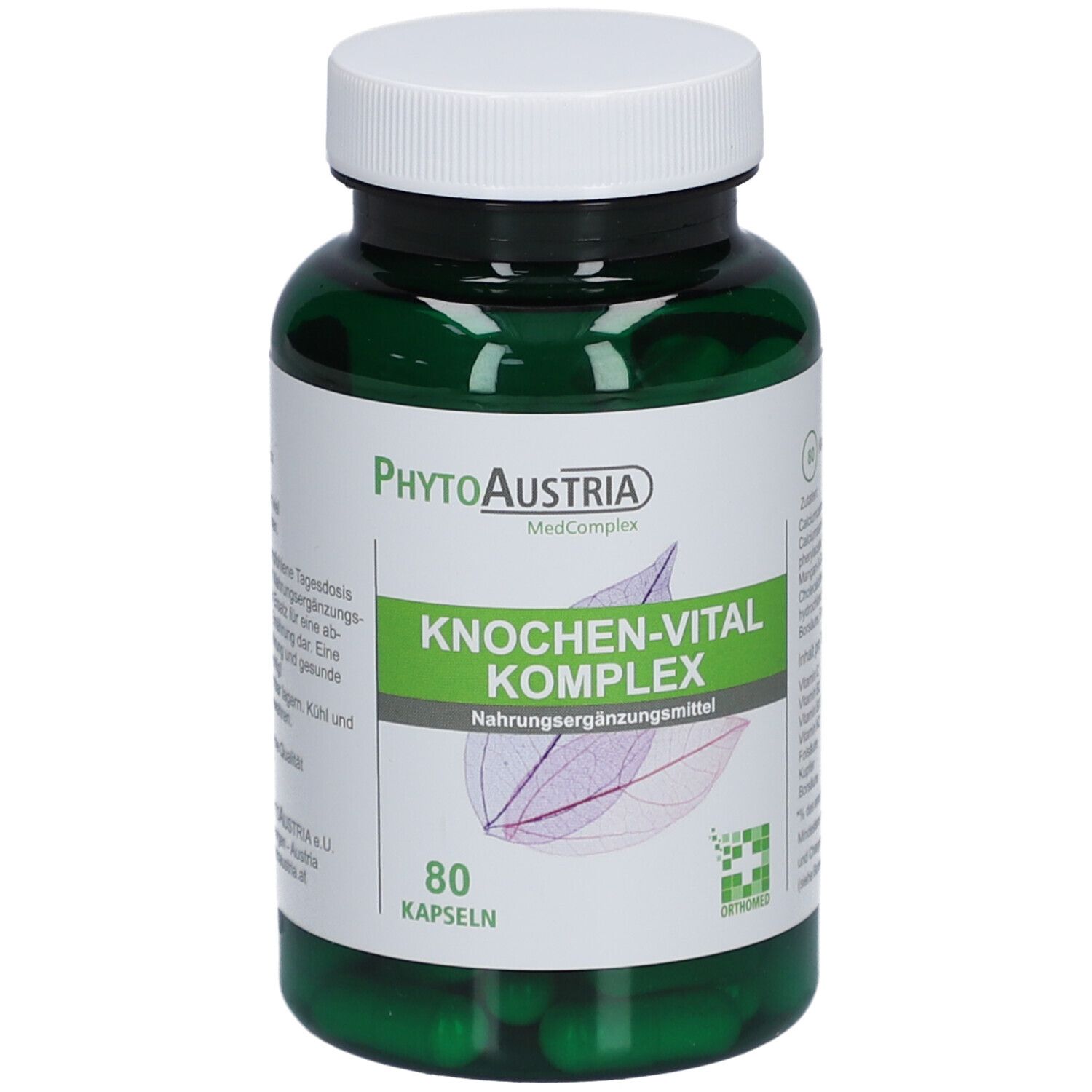 Grüne Flasche mit weißen Deckel. Aufschrift: Knochen-Vital Komplex. 80 Kapseln. Marke: PhytoAustria.