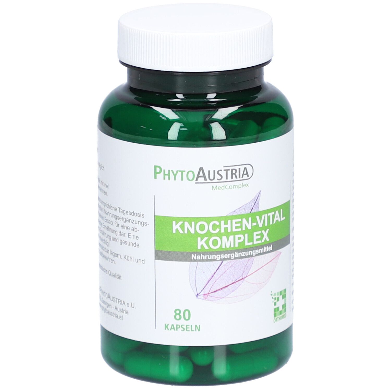 Grüne Flasche mit weißen Deckel. Aufschrift: Knochen-Vital Komplex. 80 Kapseln. Marke: PhytoAustria.