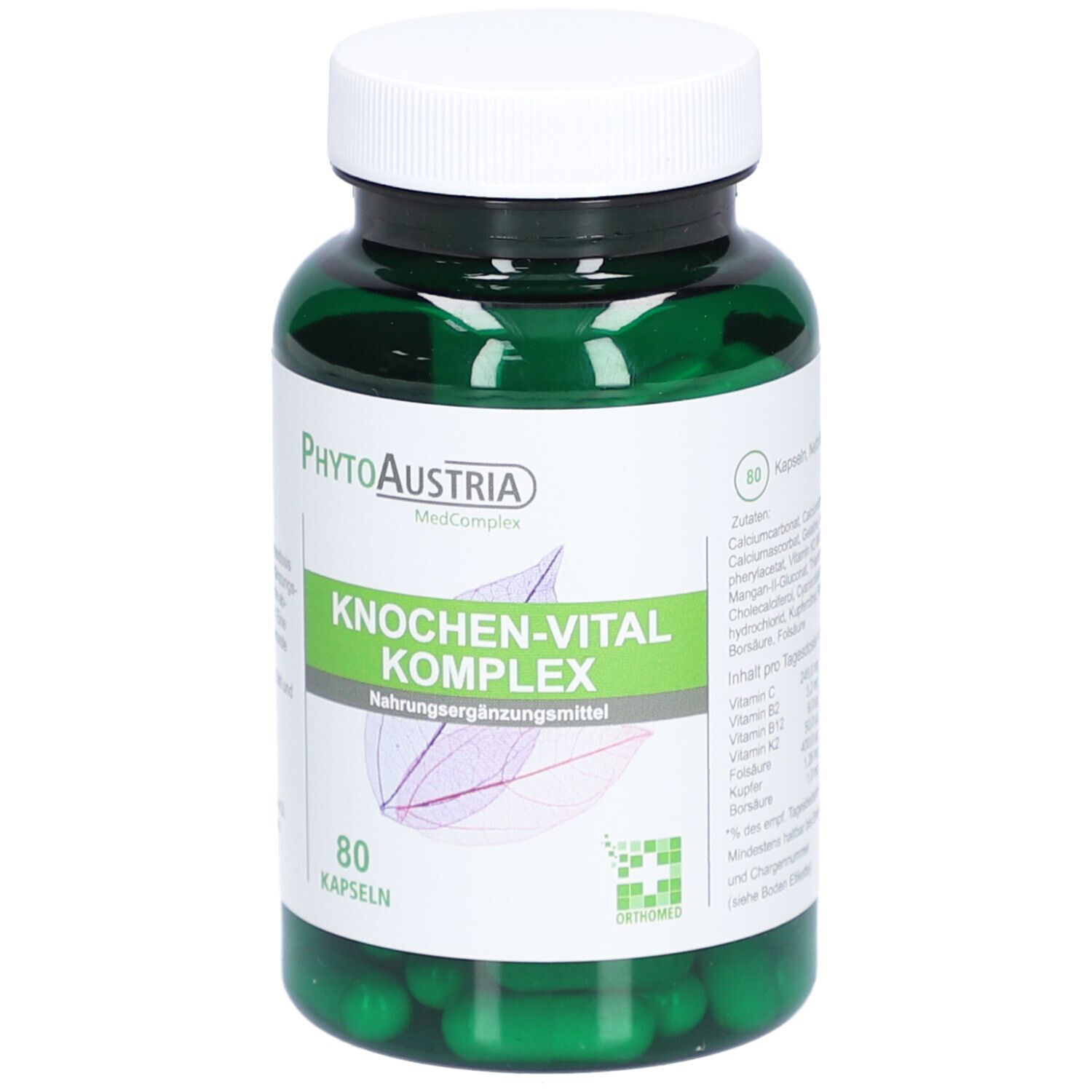 Grüne Flasche mit weißen Deckel. Aufschrift: Knochen-Vital Komplex. 80 Kapseln. Marke: PhytoAustria.