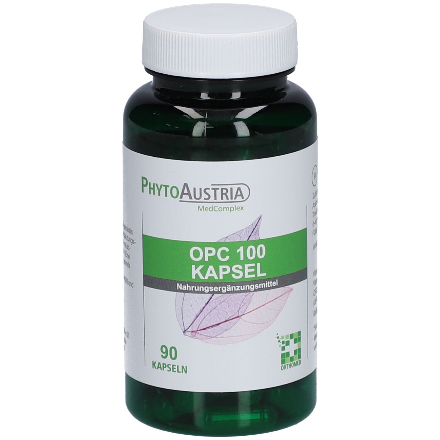 Grüne Flasche mit weißen Deckel. Etikett mit "OPC 100 Kapsel" und "90 Kapseln". Marke: PhytoAustria.