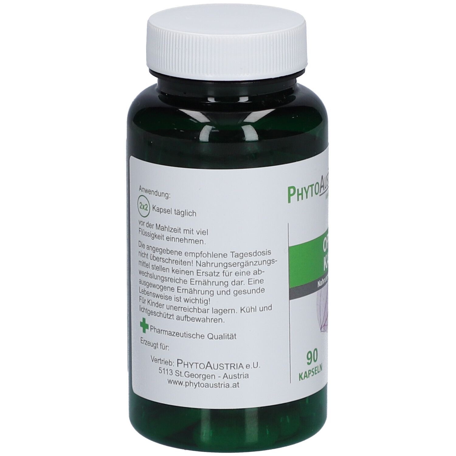 Grüne Flasche mit weißem Deckel. Etikett mit Text und "90 Kapseln". Marke: PhytoAustria. Pharmazeutische Qualität.