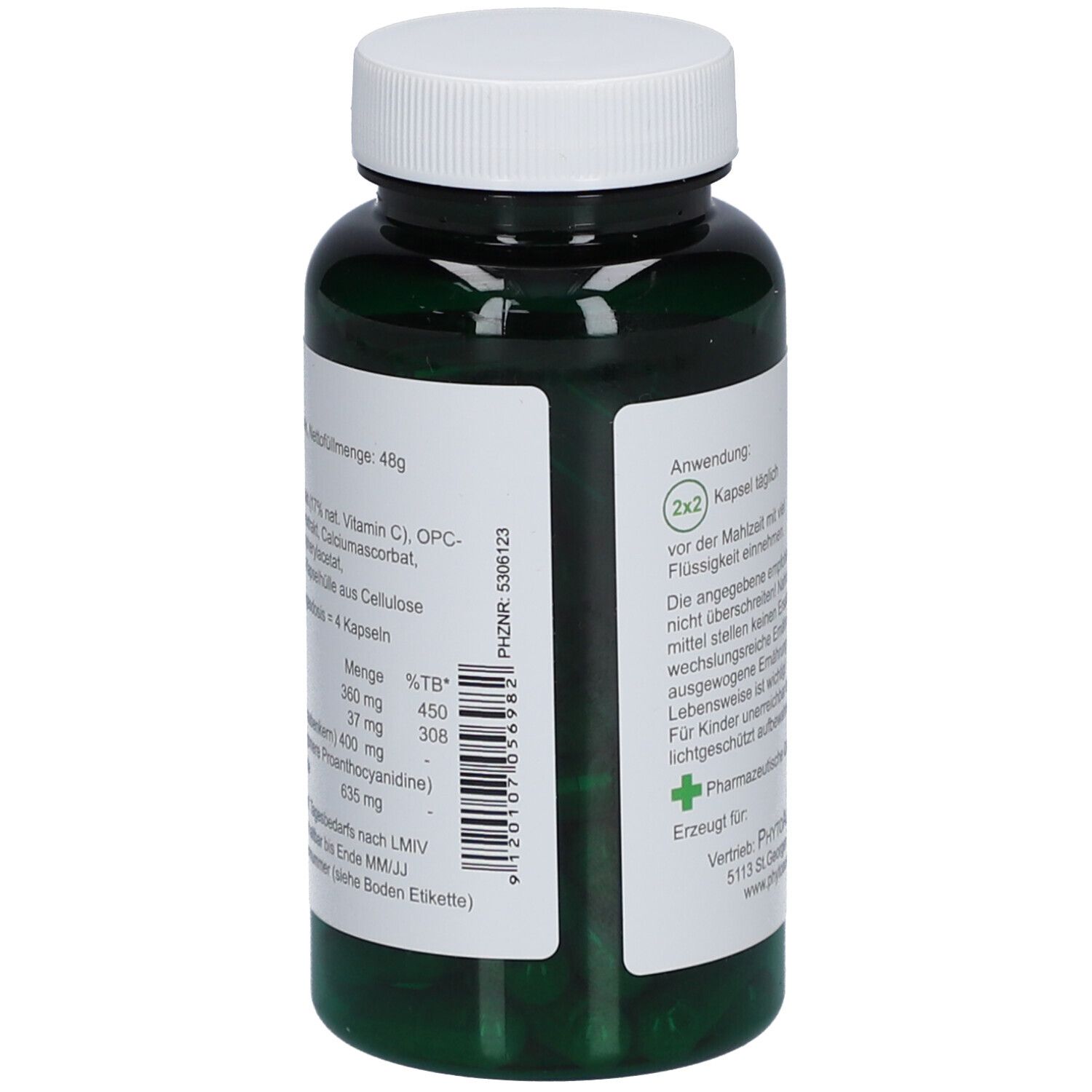 Grüne Flasche mit weißem Deckel. Etikett mit Inhaltsangaben und "90 Kapseln". Marke: PhytoAustria.