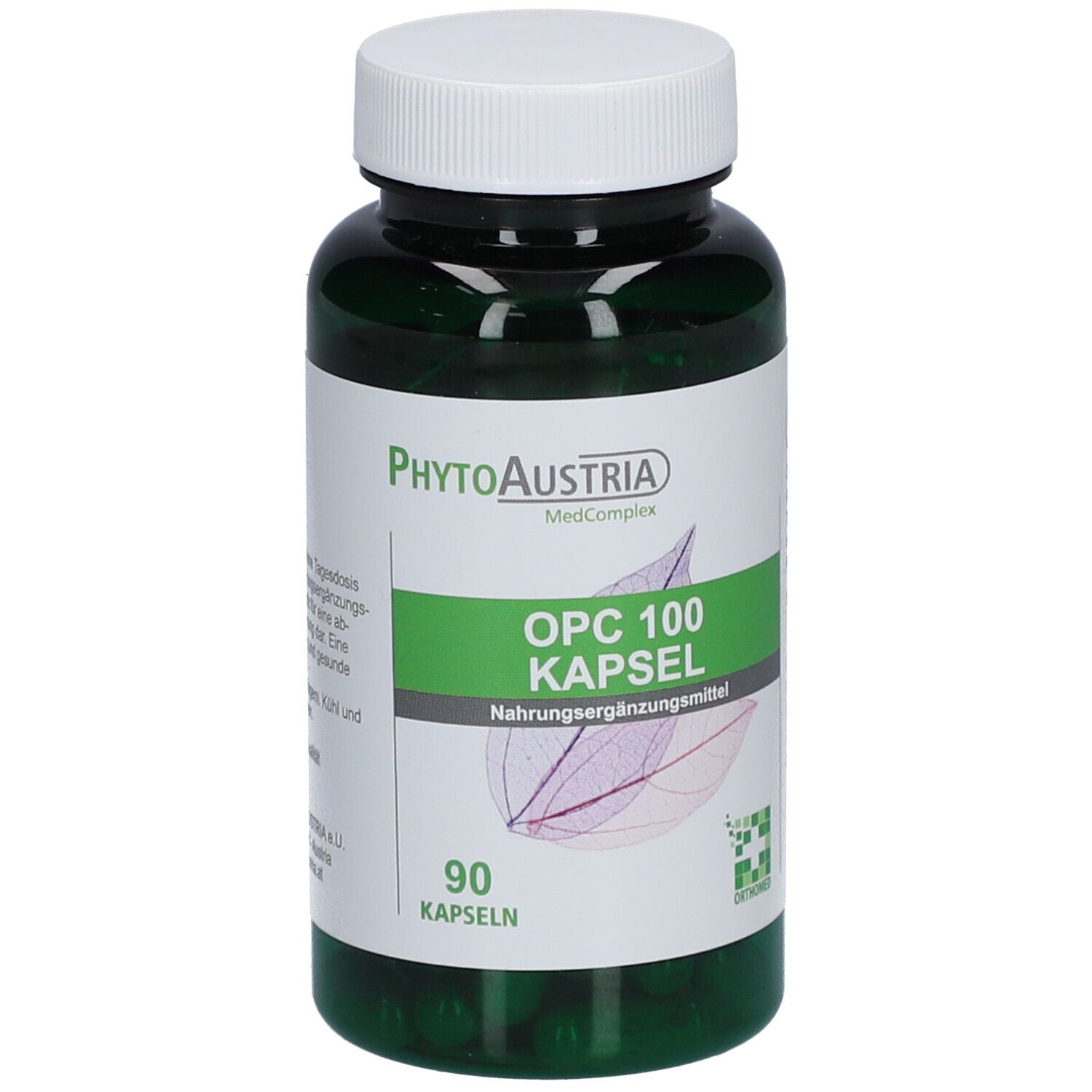 Grüne Flasche mit weißem Deckel. Etikett mit "OPC 100 Kapsel" und "90 Kapseln". Marke: PhytoAustria.