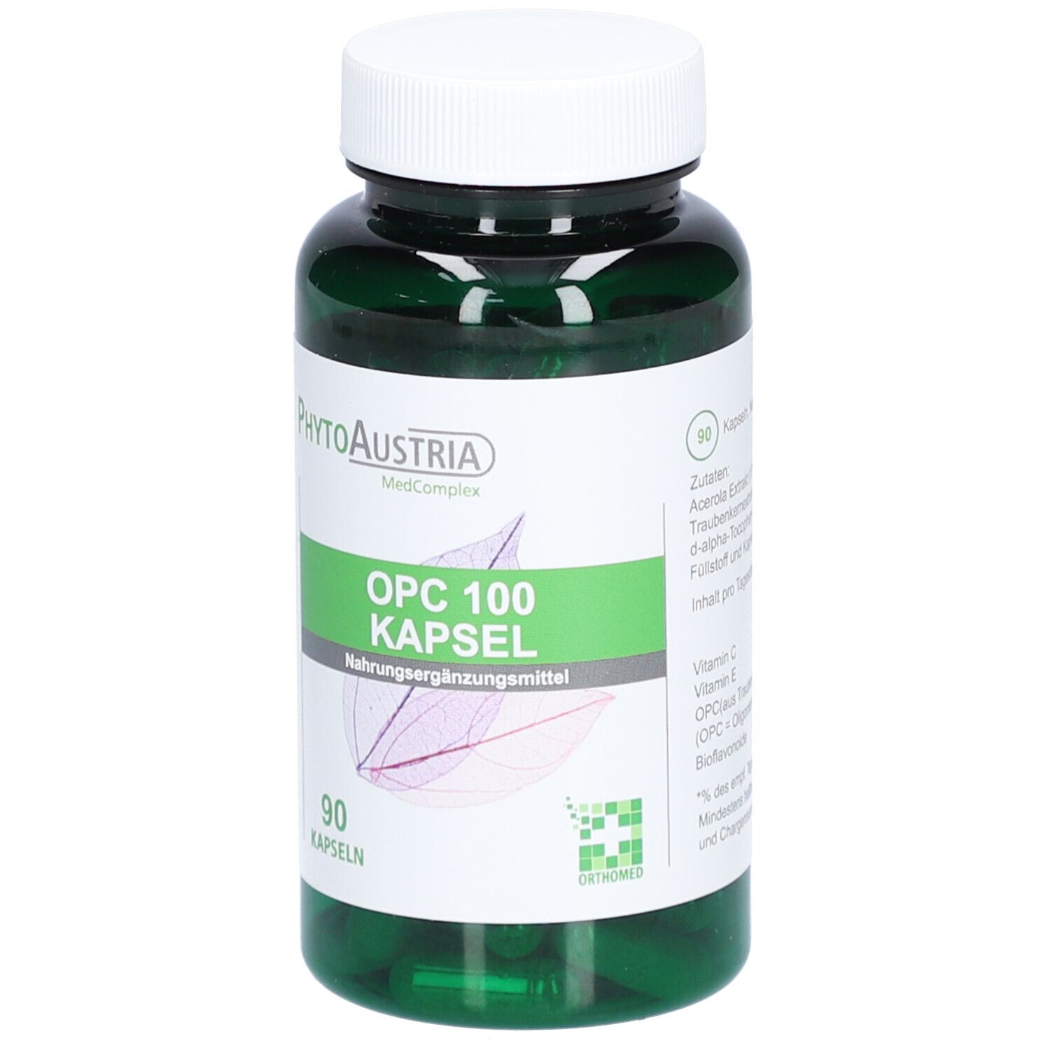 Grüne Flasche mit weißem Deckel. Etikett mit "OPC 100 Kapsel" und "90 Kapseln". Marke: PhytoAustria.