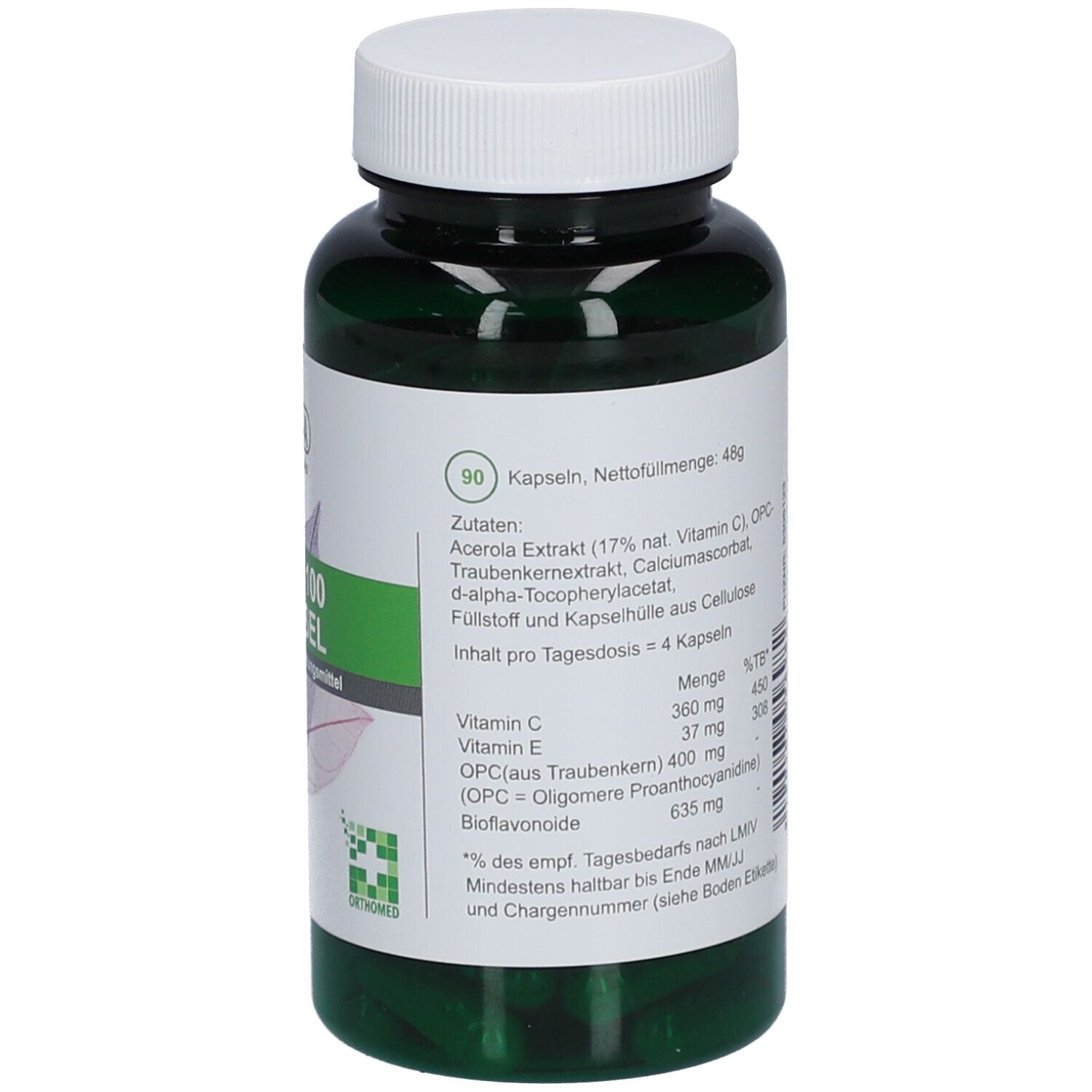 Grüne Flasche mit weißem Deckel. Etikett mit Inhaltsangaben und "90 Kapseln". Marke: PhytoAustria.