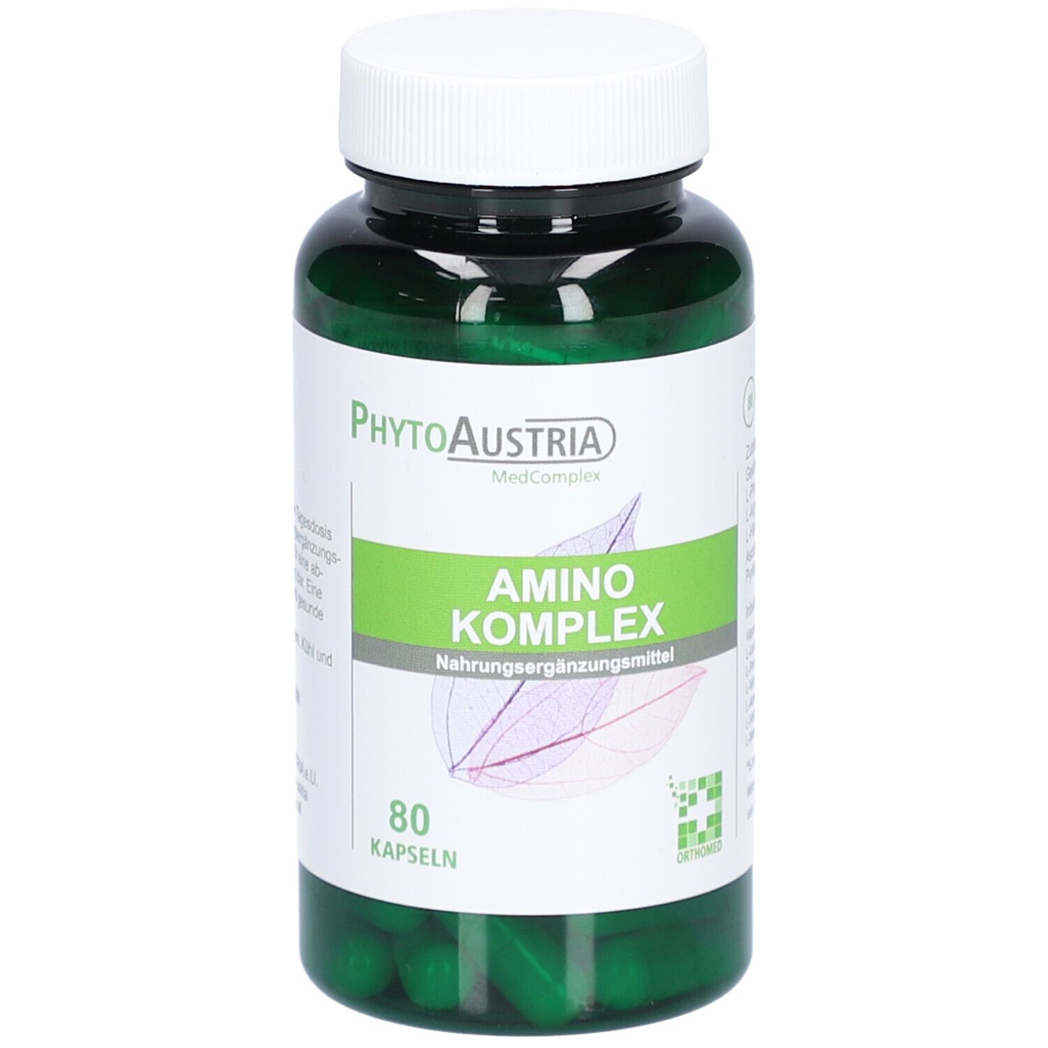 Grüne Kapseln in einer grünen Flasche mit weißem Deckel. Aufschrift: Amino Komplex, 80 Kapseln. Marke: PhytoAustria.