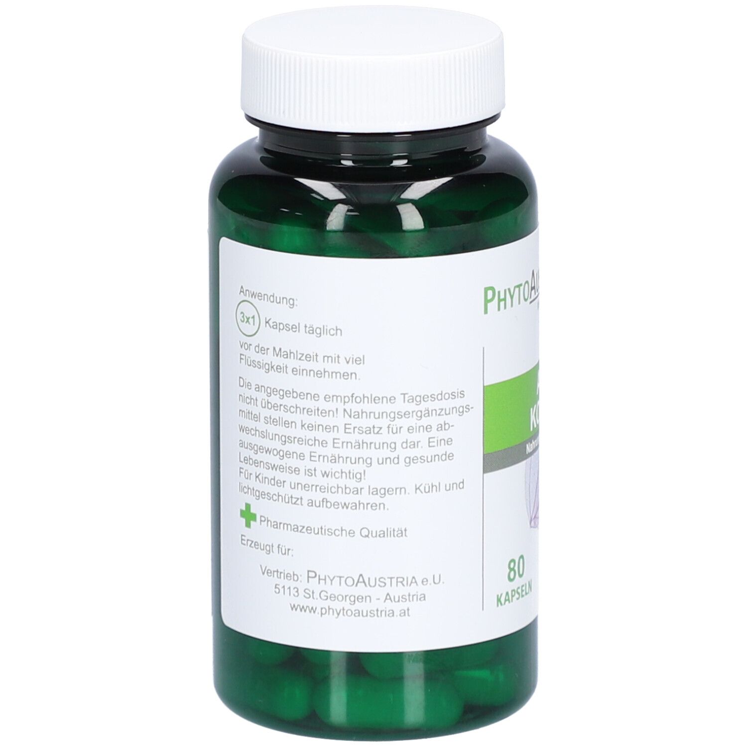 Rückseite einer grünen Flasche mit weißen Etiketten. Text: Anwendung, 80 Kapseln. Marke: PhytoAustria.