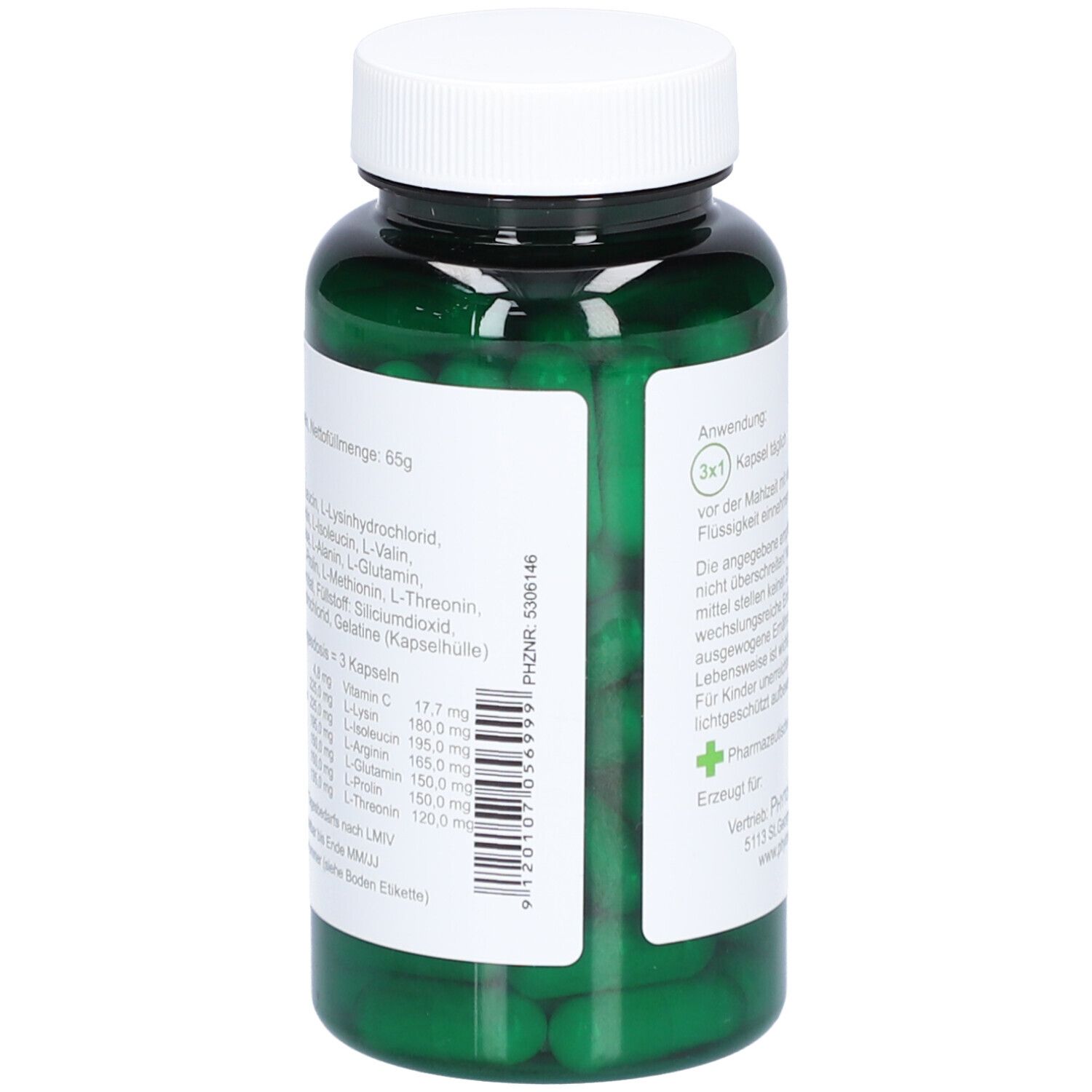 Rückseite einer grünen Flasche mit weißen Etiketten. Text: Zutaten, 80 Kapseln. Marke: PhytoAustria.