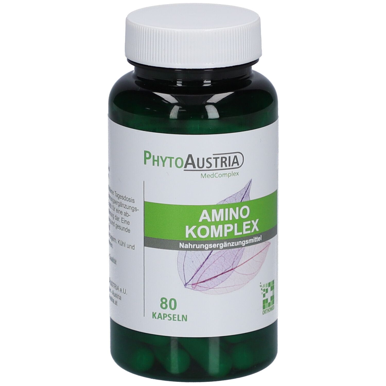 Grüne Kapseln in einer grünen Flasche mit weißem Deckel. Aufschrift: Amino Komplex, 80 Kapseln. Marke: PhytoAustria.
