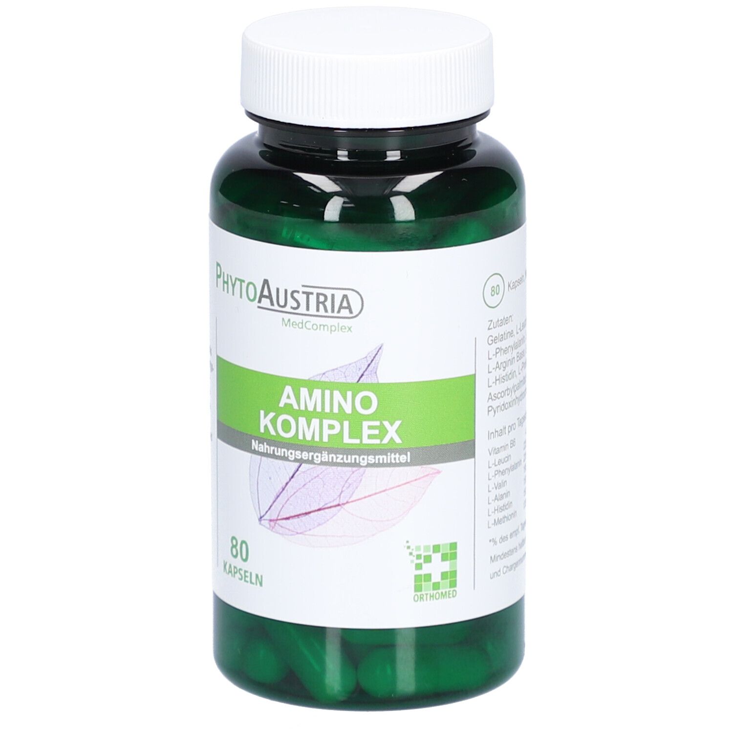 Grüne Kapseln in einer grünen Flasche mit weißem Deckel. Aufschrift: Amino Komplex, 80 Kapseln. Marke: PhytoAustria.