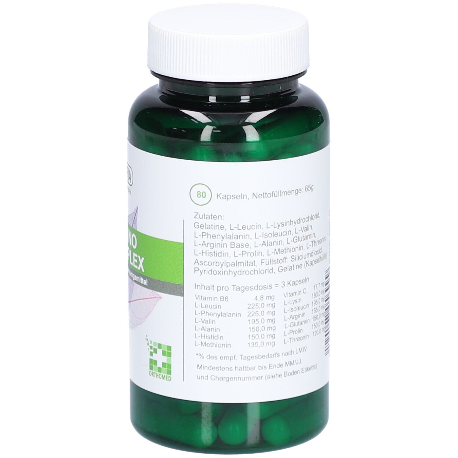 Rückseite einer grünen Flasche mit weißen Etiketten. Text: Zutaten, 80 Kapseln. Marke: PhytoAustria.