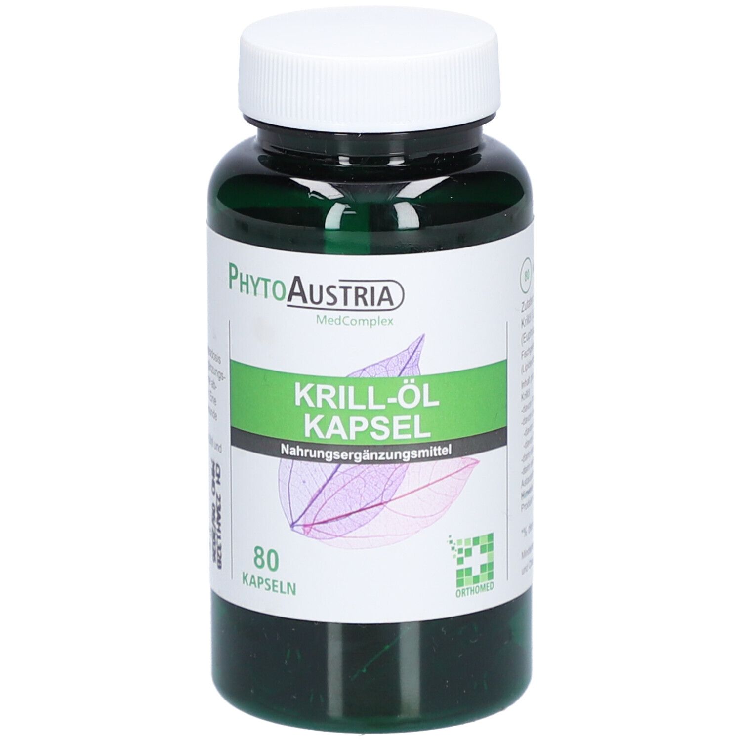 Grüne Flasche mit weißen Deckel. Aufschrift: Krill-Öl Kapsel, 80 Kapseln. Marke: PhytoAustria.