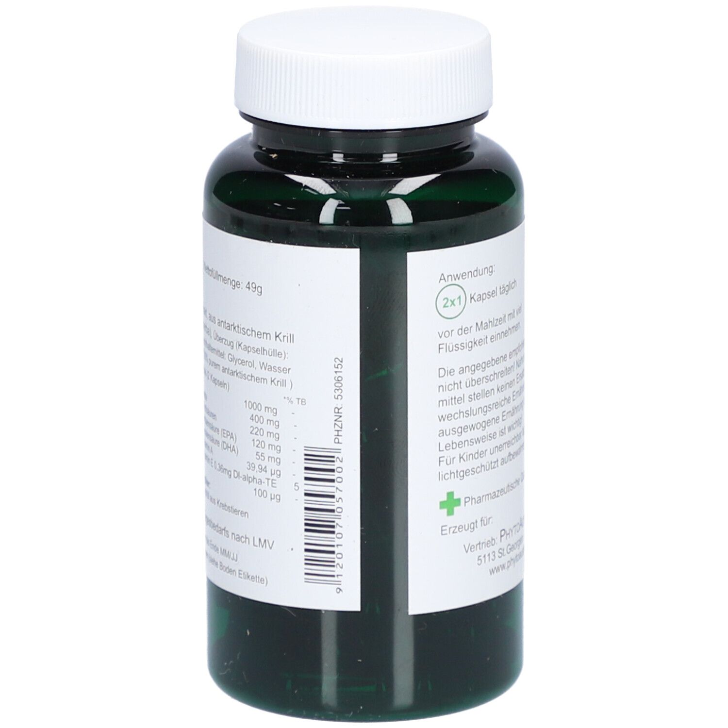 Rückseite der grünen Flasche mit weißem Deckel. Text: Inhaltsstoffe, Nährwertangaben. Marke: PhytoAustria.