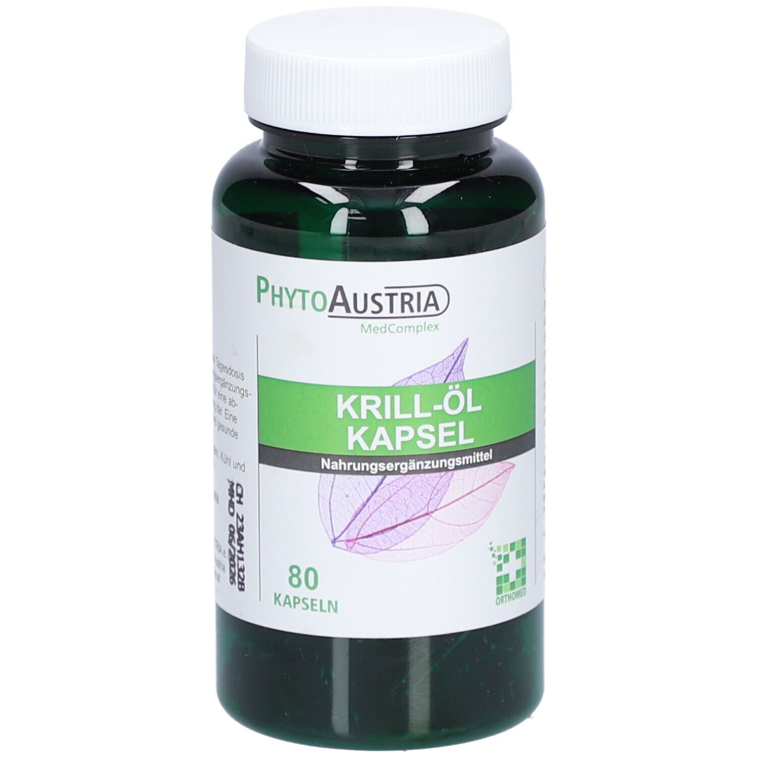 Grüne Flasche mit weißem Deckel. Aufschrift: Krill-Öl Kapsel, 80 Kapseln. Marke: PhytoAustria.