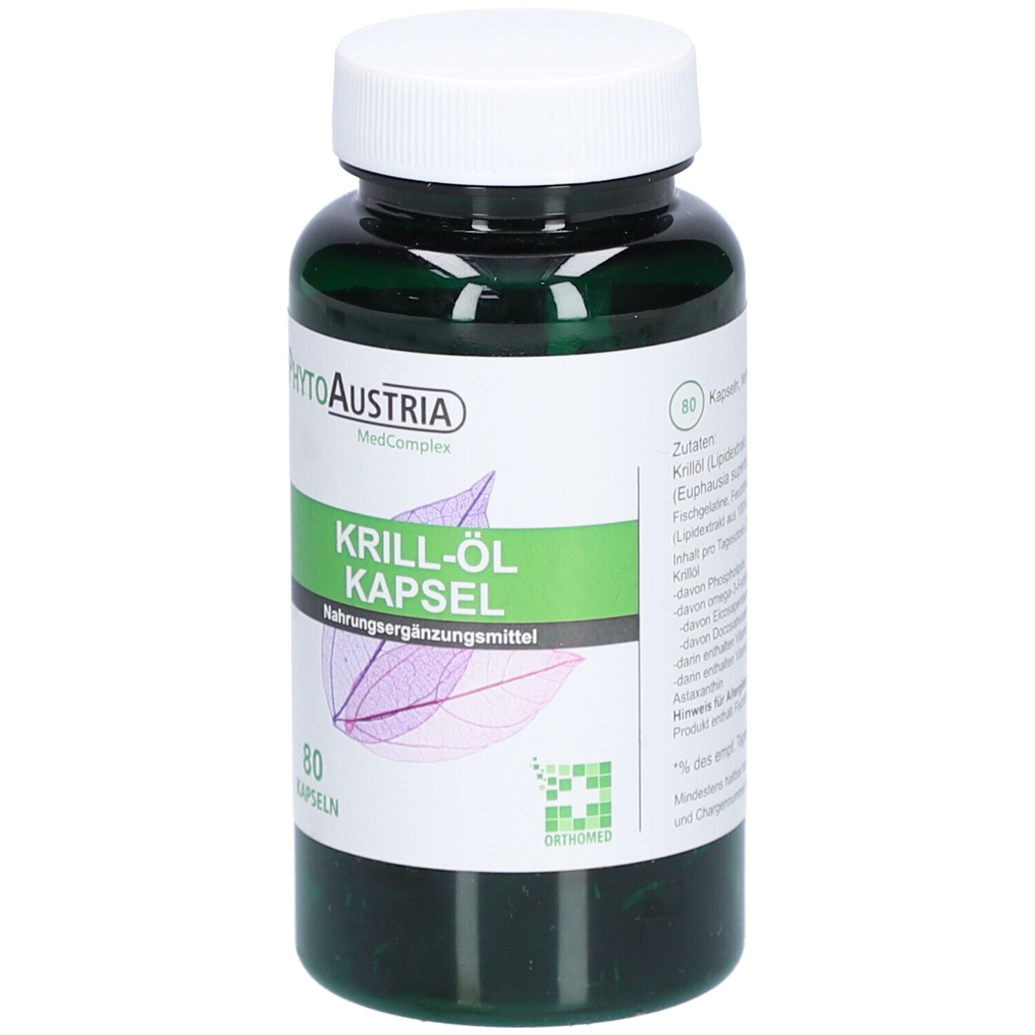 Grüne Flasche mit weißem Deckel. Aufschrift: Krill-Öl Kapsel, 80 Kapseln. Marke: PhytoAustria.