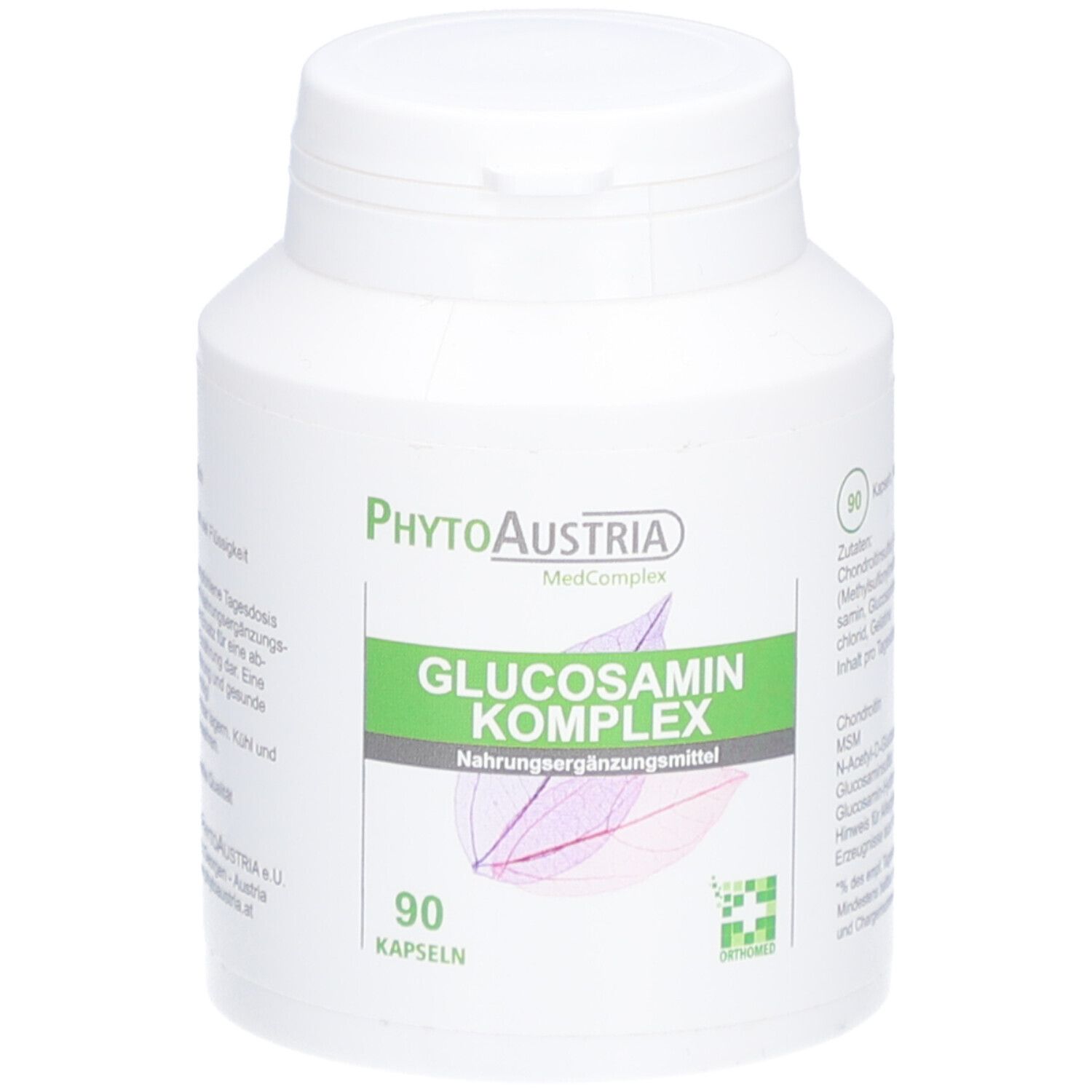 Weiße Flasche mit grünem Etikett. Aufschrift: Glucosamin Komplex, 90 Kapseln. Marke: PhytoAustria.