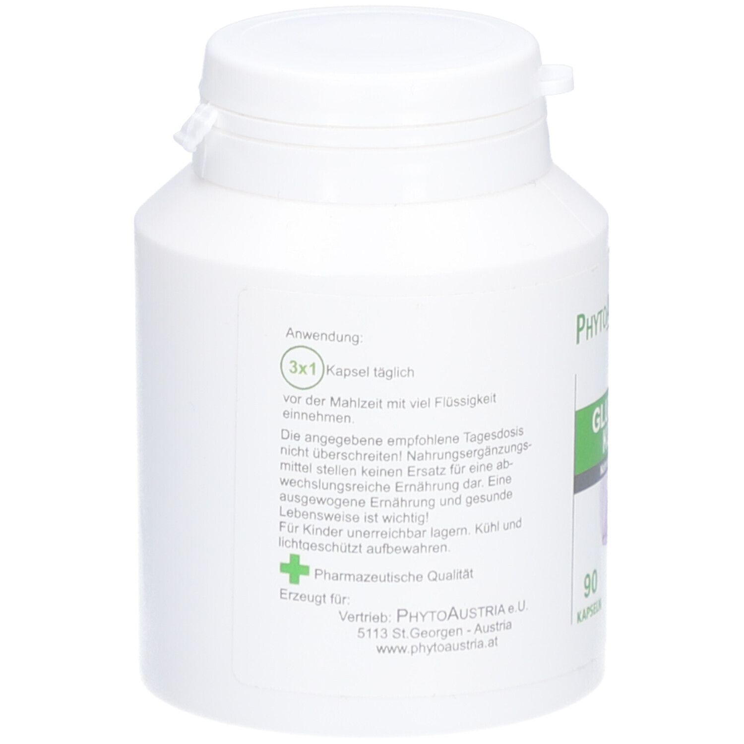 Weiße Flasche mit grünem Etikett. Aufschrift: Glucosamin Komplex, 90 Kapseln. Marke: PhytoAustria.