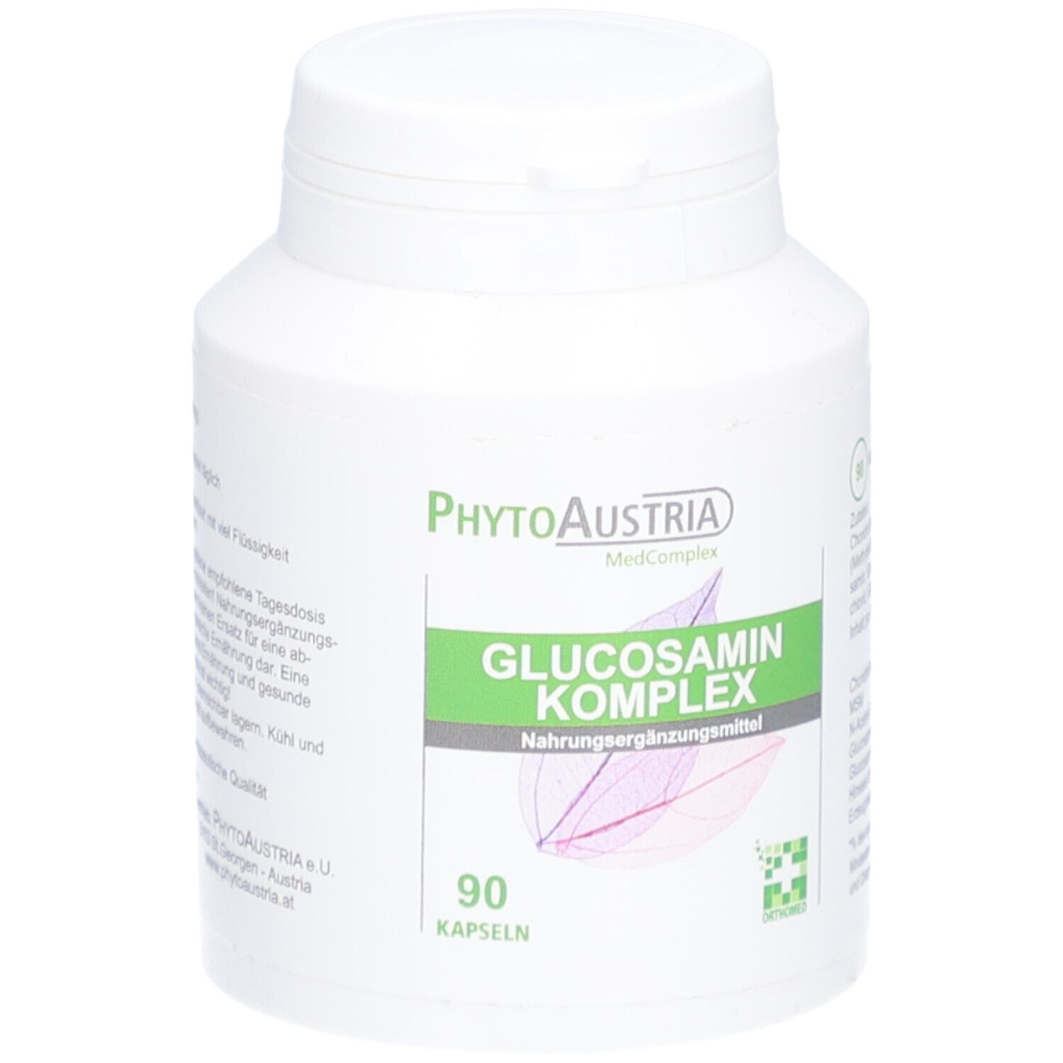 Weiße Flasche mit grünem Etikett. Aufschrift: Glucosamin Komplex, 90 Kapseln. Marke: PhytoAustria.