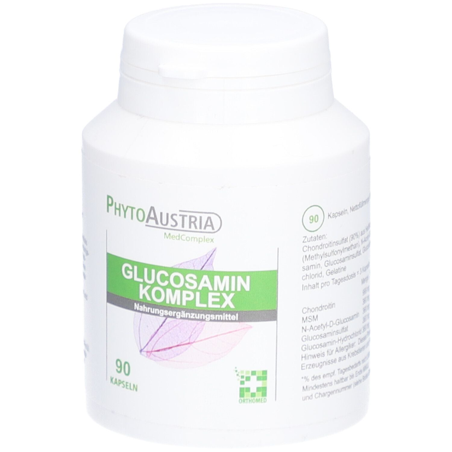Weiße Flasche mit grünem Etikett. Aufschrift: Glucosamin Komplex, 90 Kapseln. Marke: PhytoAustria.