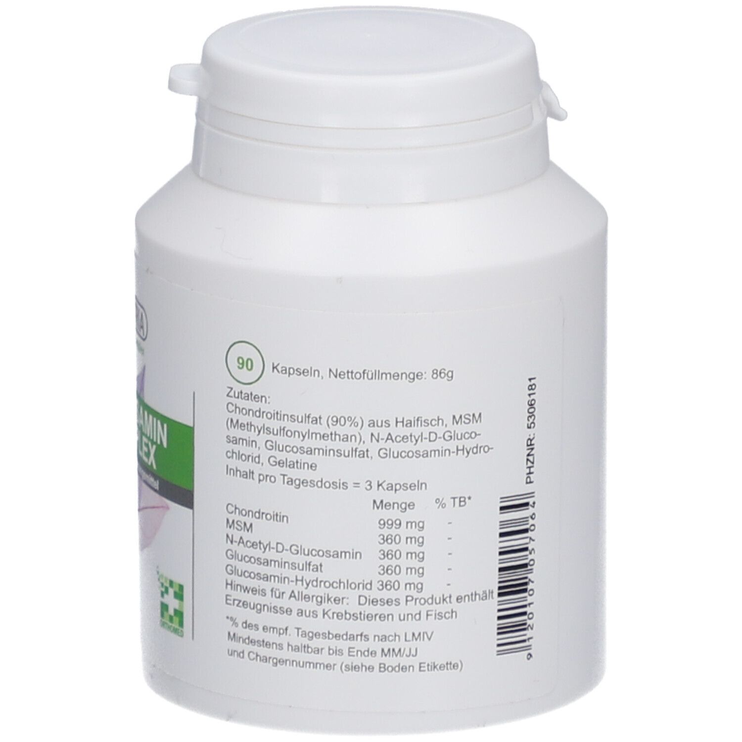 Weiße Flasche mit grünem Etikett. Aufschrift: Glucosamin Komplex, 90 Kapseln. Marke: PhytoAustria.
