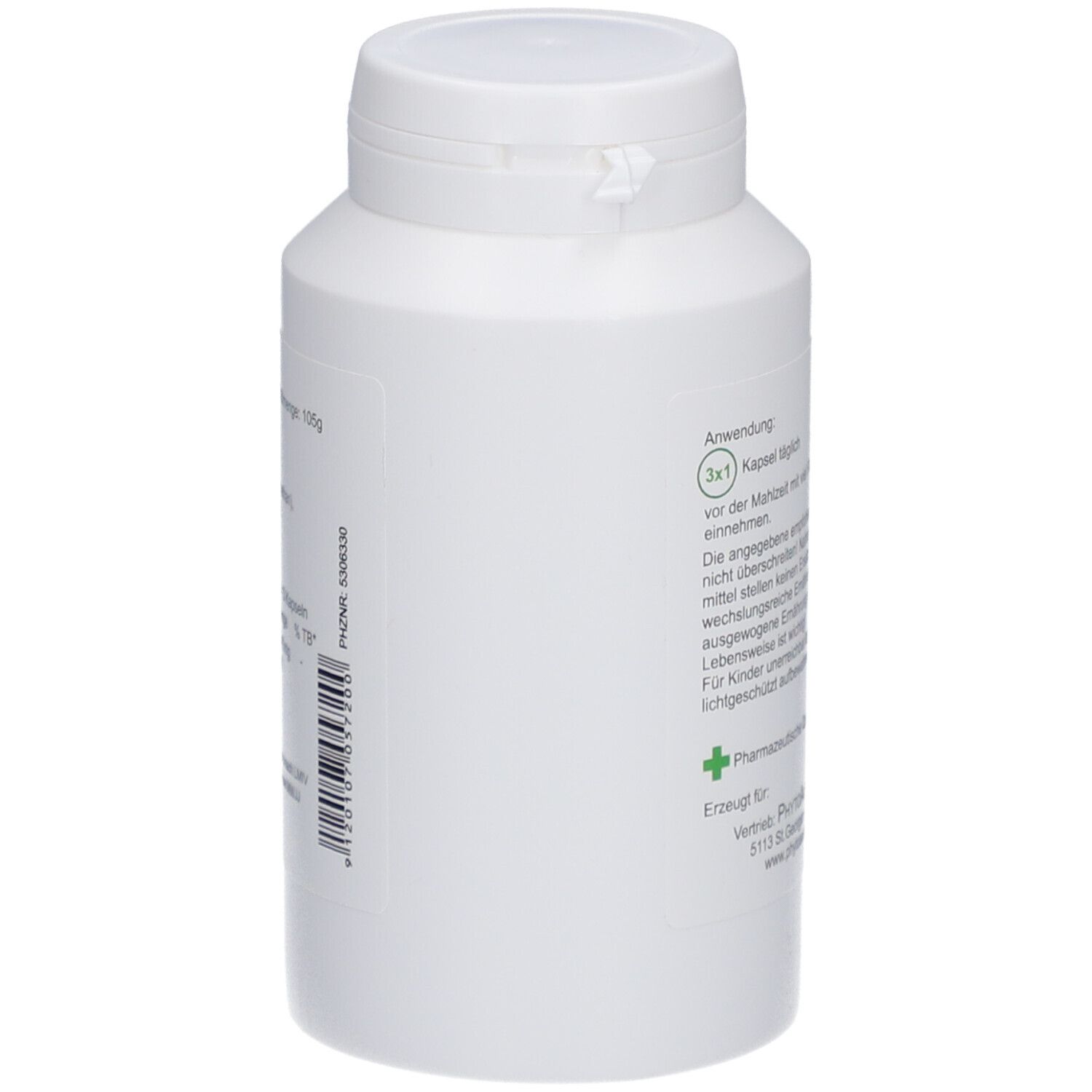 Weiße Flasche mit Text. Aufschrift: MSM-AKUT KAPSEL. Rückseite mit Text und Barcode. Marke: PhytoAustria.