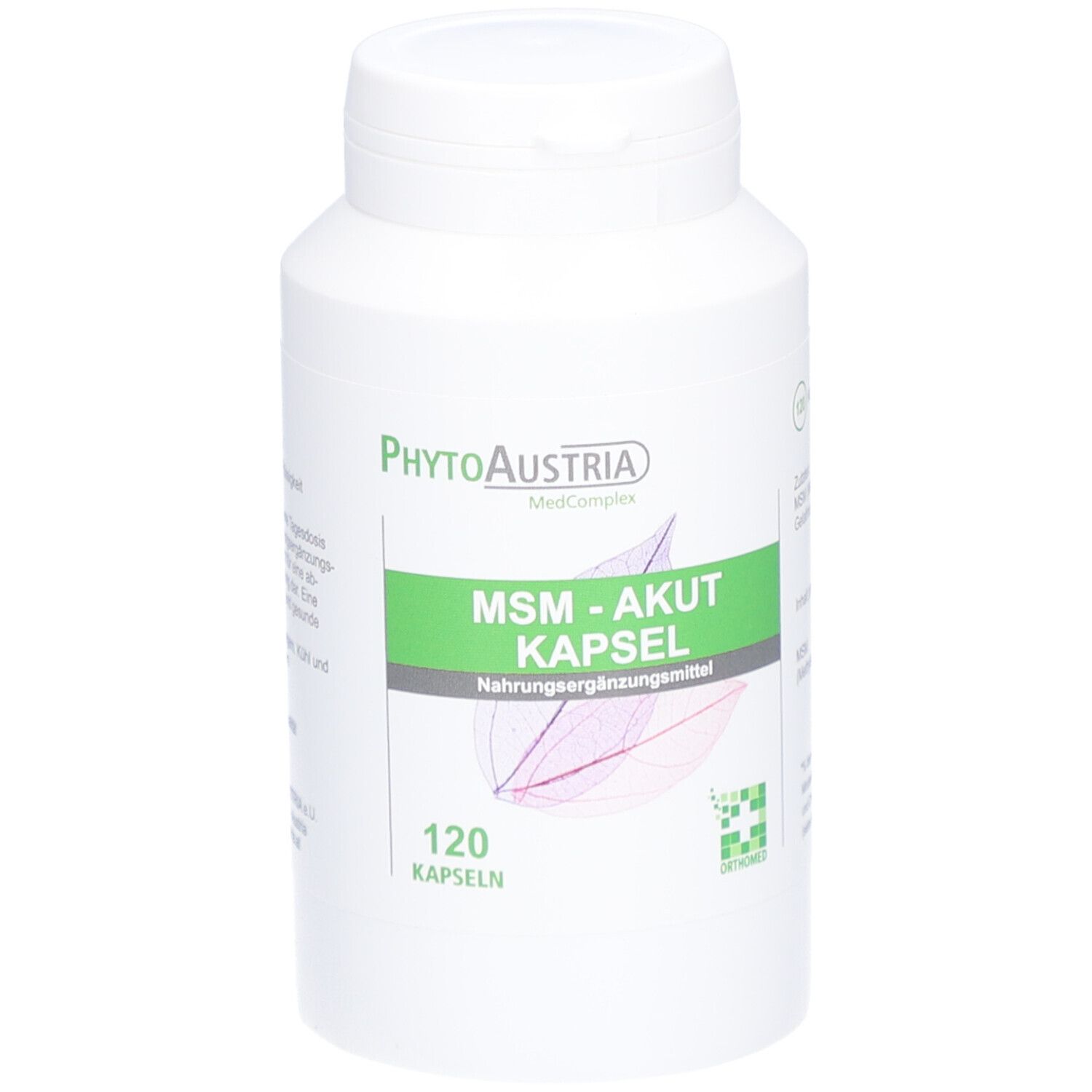 Weiße Flasche mit grünem Etikett. Aufschrift: MSM-AKUT KAPSEL, 120 Kapseln. Marke: PhytoAustria.