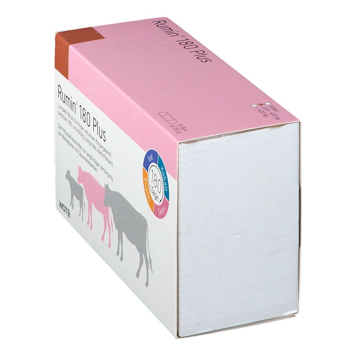 Rosa-weiße Verpackung mit Produktnamen und Illustrationen von Kühen. Eckige Form, brauner Akzent.