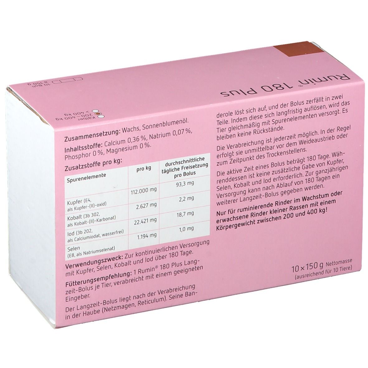 Verpackung mit Text. Rosa Deckel, weiße Seiten. Enthält Informationen zu Inhaltsstoffen und Dosierung.