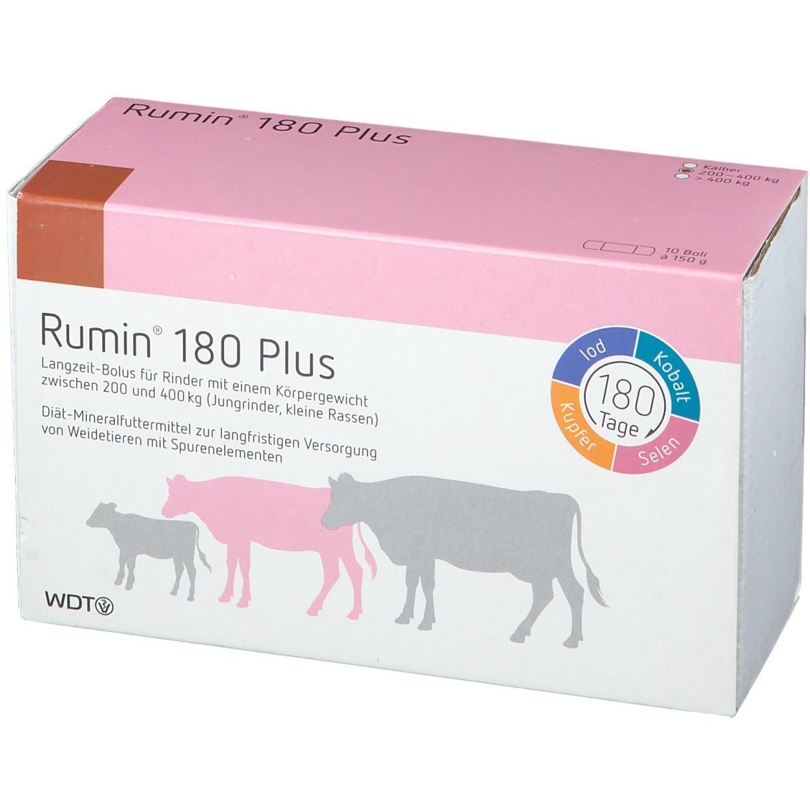 Rosa-weiße Verpackung mit Produktnamen und Illustrationen von Kühen. Eckige Form, brauner Akzent.