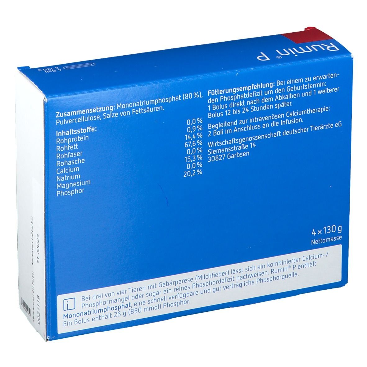 Rückseite der Verpackung Rumin® P. Blaue Verpackung mit Produktinformationen und Inhaltsstoffen.