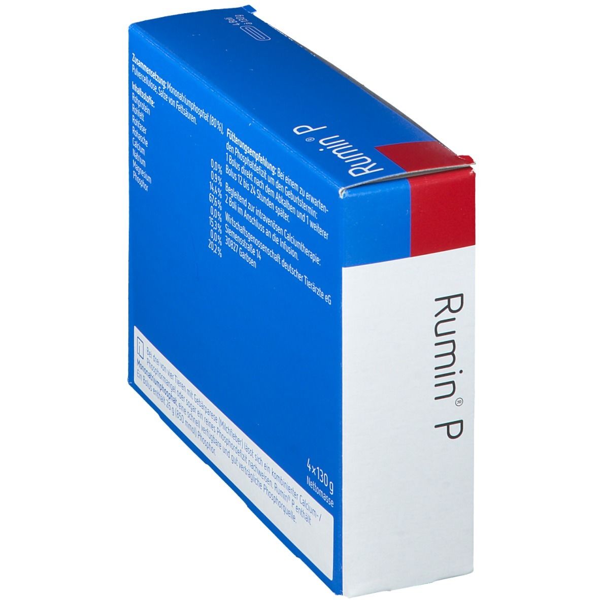 Schräg gestellte Verpackung Rumin® P. Blaue Verpackung mit Produktinformationen und Inhaltsstoffen.