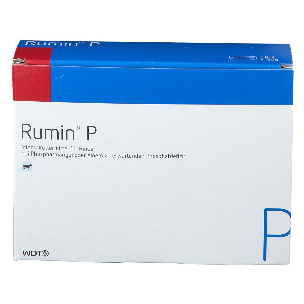 Karton Rumin® P. Blaue und weiße Verpackung mit rotem Akzent. Schriftzug und Produktinformationen.