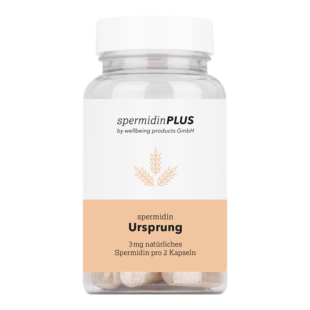 Glasflasche mit Kapseln. Aufschrift: spermidinPLUS Ursprung, 3 mg natürliches Spermidin pro 2 Kapseln.