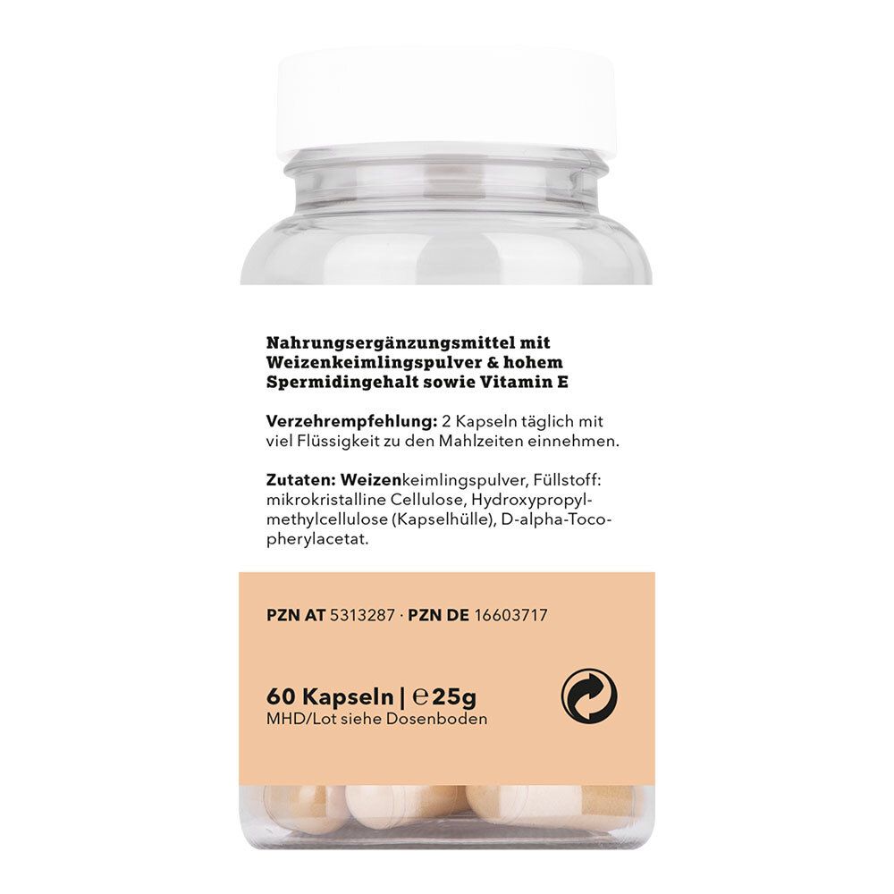 Rückseite der Kapsel-Glasflasche. Aufschrift: 60 Kapseln, Inhaltsstoffe, Verzehrempfehlung.