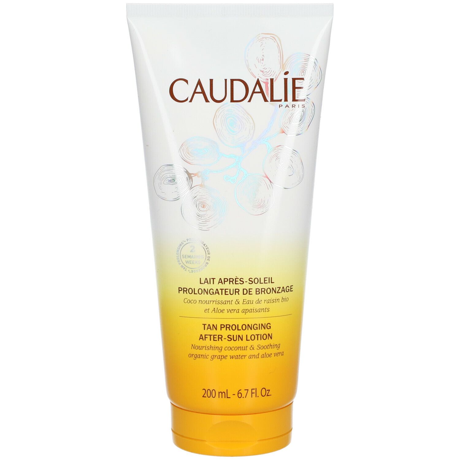 Caudalie After Sun Körpermilch. Weiße Tube mit gelbem Boden. Aufschrift: Lait Après-Soleil, Tan Prolonging After-Sun Lotion.
