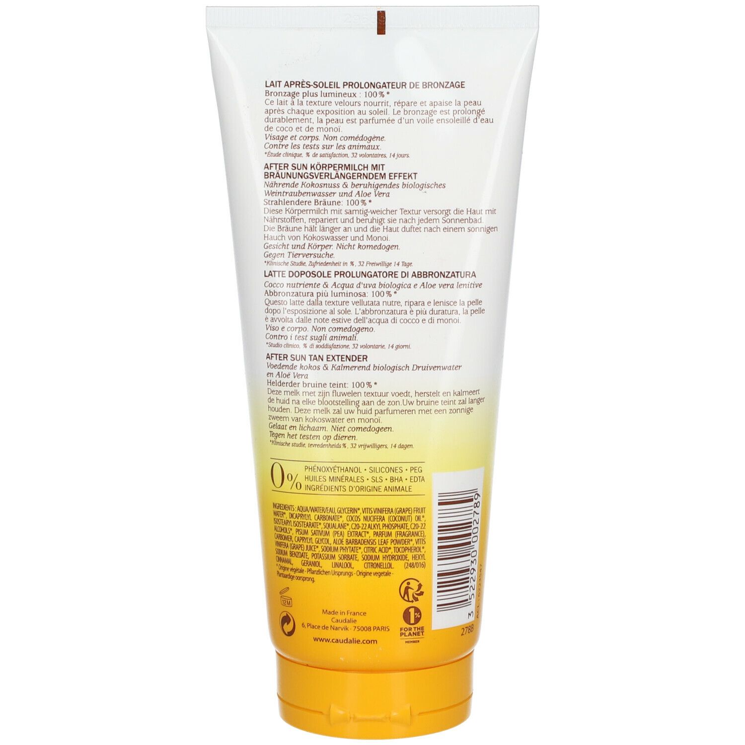 Rückseite der Caudalie After Sun Körpermilch. Text in Deutsch, Französisch, Italienisch und Niederländisch. Gelber Boden.
