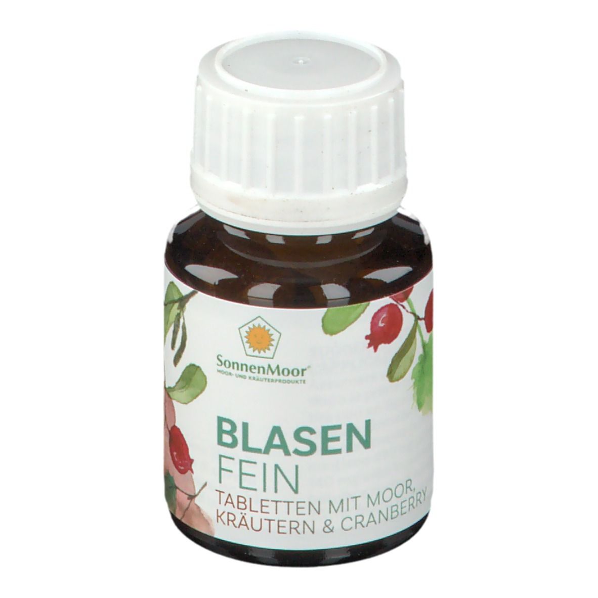 Braune Glasflasche mit weißem Deckel. Etikett mit Produktname, Cranberry-Illustration und Sonnenmoor-Logo.
