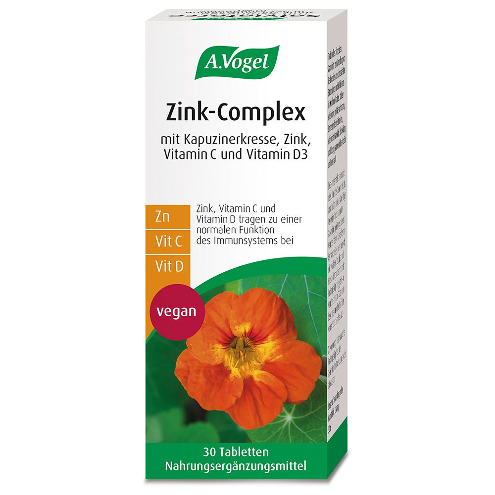 A. Vogel Zink-Complex. Karton mit Produktabbildung, Inhaltsstoffen und 30 Tabletten. Vegan-Siegel.