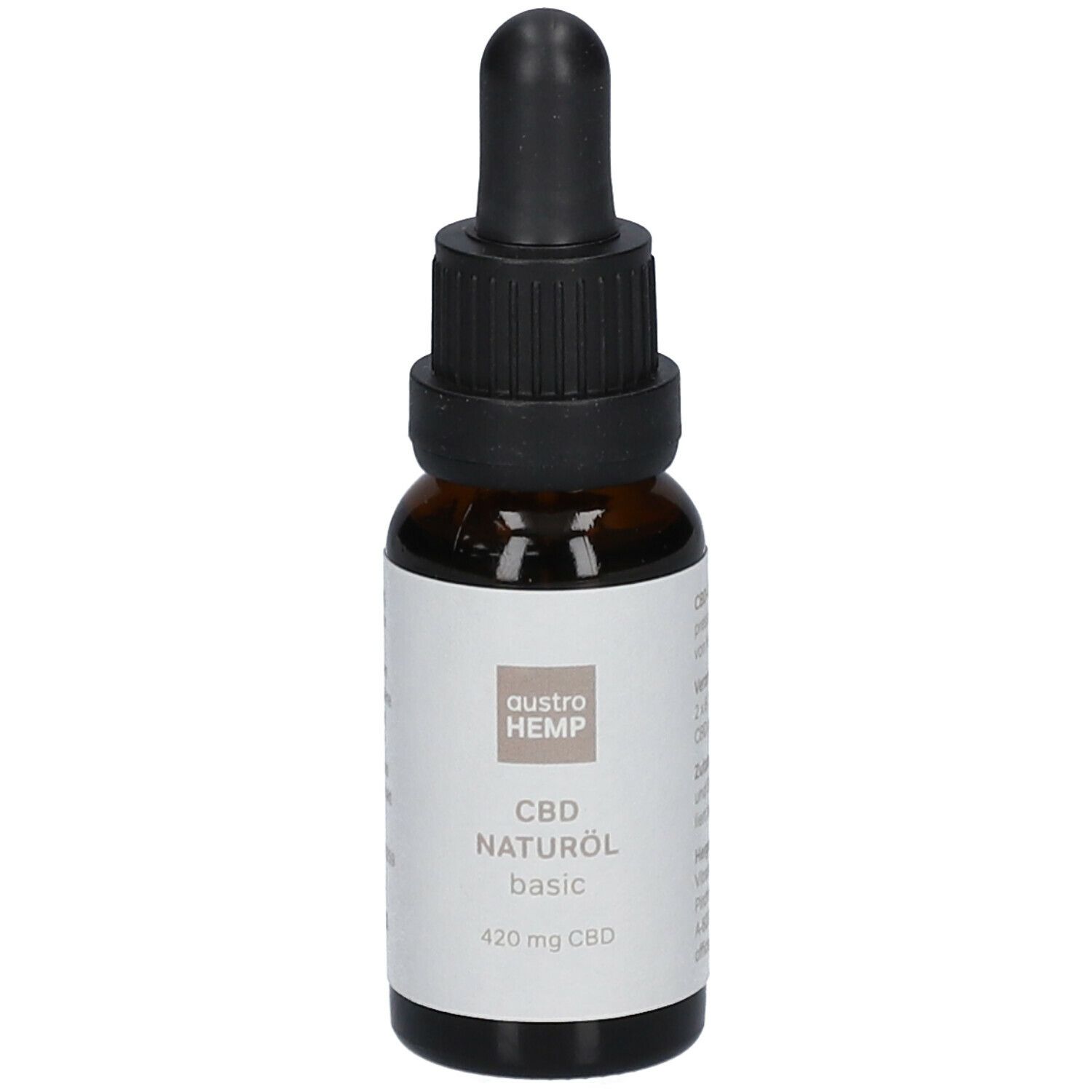 Braune Glasflasche mit schwarzem Tropfer. Aufkleber mit Text: austroHEMP, CBD Naturöl basic, 420 mg CBD.