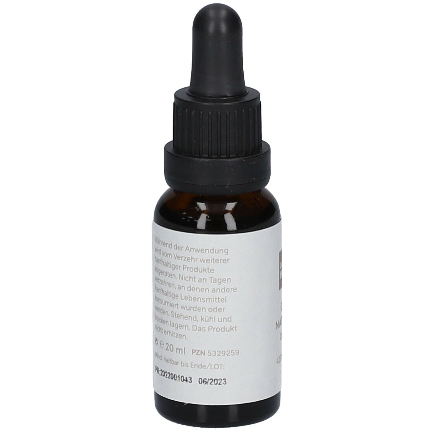Braune Glasflasche mit schwarzem Tropfer. Aufkleber mit Text und Informationen. Kleineres Etikett mit 'e 20 ml'.