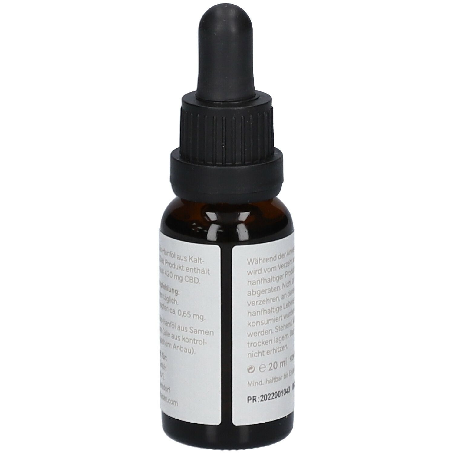 Braune Glasflasche mit schwarzem Tropfer. Aufkleber mit Text und Informationen. Enthält 420 mg CBD. E 20 ml.