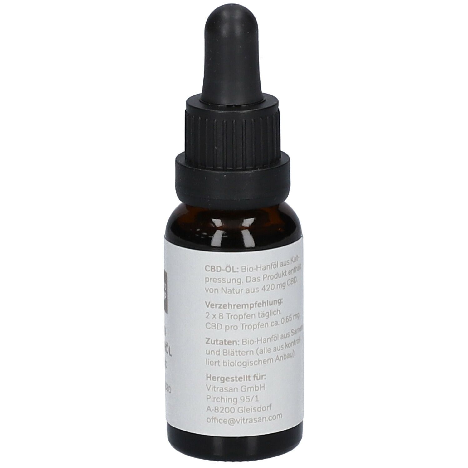 Braune Glasflasche mit schwarzem Tropfer. Aufkleber mit Text und Informationen. Enthält CBD-Öl. E 20 ml.