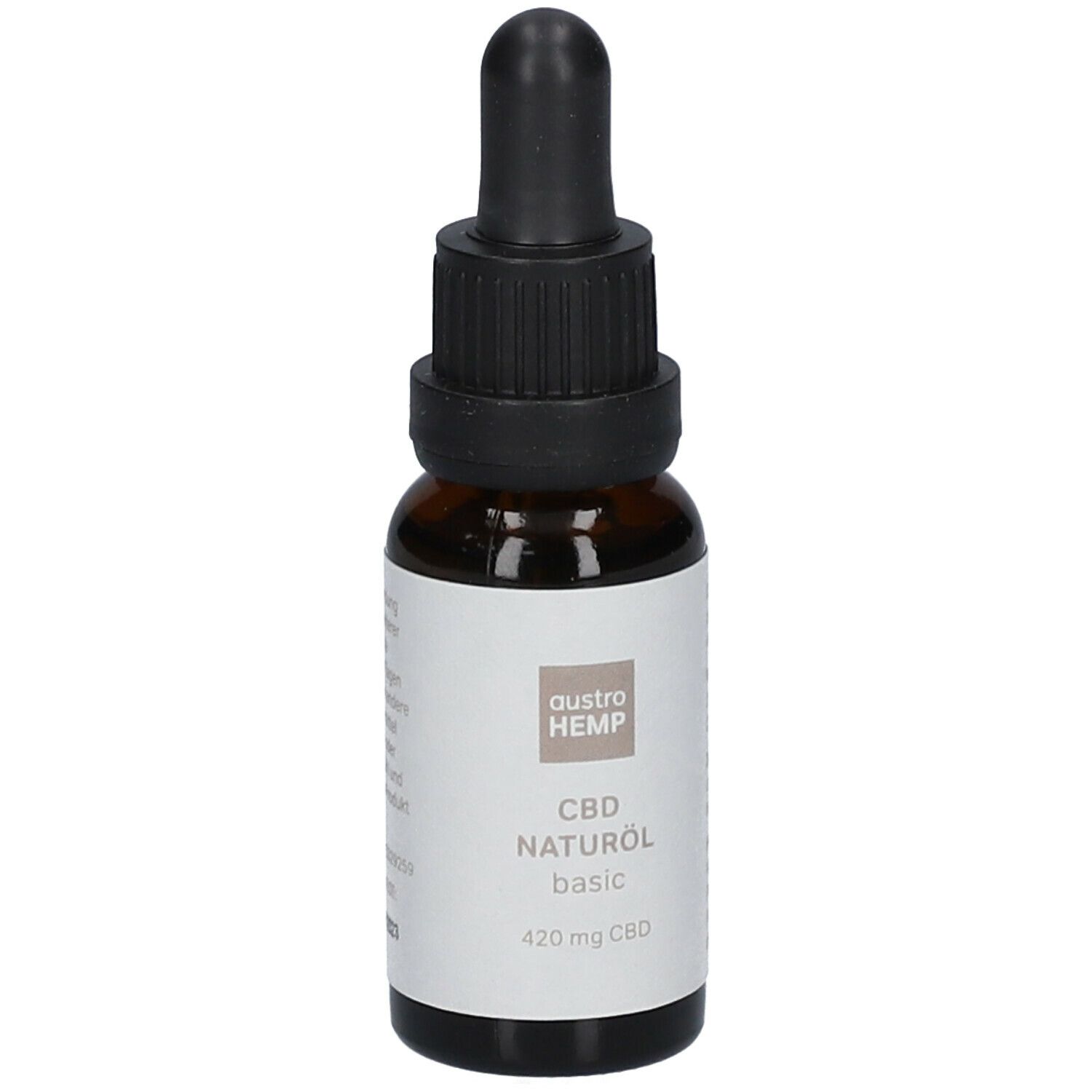 Braune Glasflasche mit schwarzem Tropfer. Aufkleber mit Text: austroHEMP, CBD Naturöl basic, 420 mg CBD.