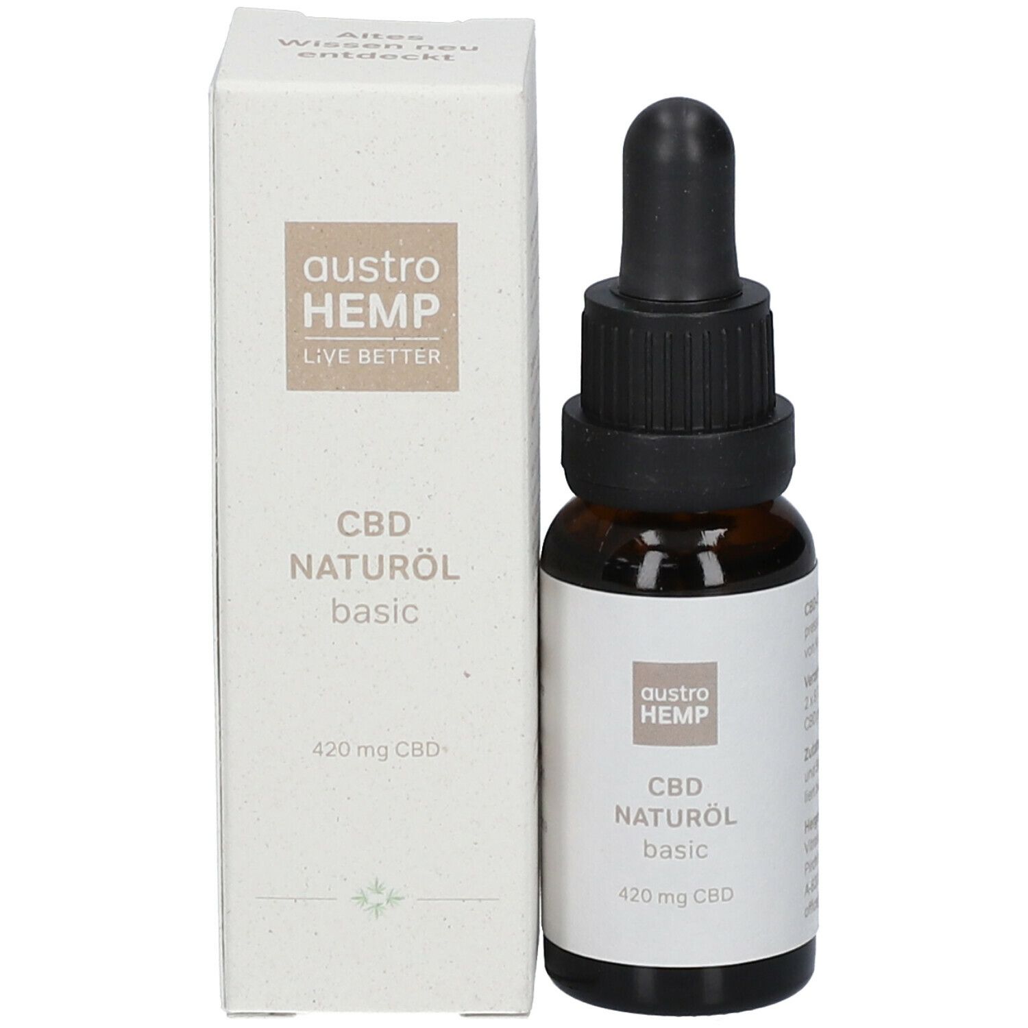 Braune Glasflasche mit schwarzem Tropfer neben einer weißen Schachtel. Aufkleber mit Text: austroHEMP, CBD Naturöl basic.