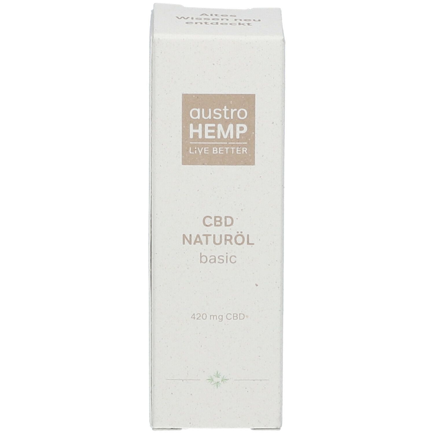 Weiße Schachtel mit Text: austroHEMP, CBD Naturöl basic, 420 mg CBD. Aufschrift: Altes Wissen neu entdeckt.