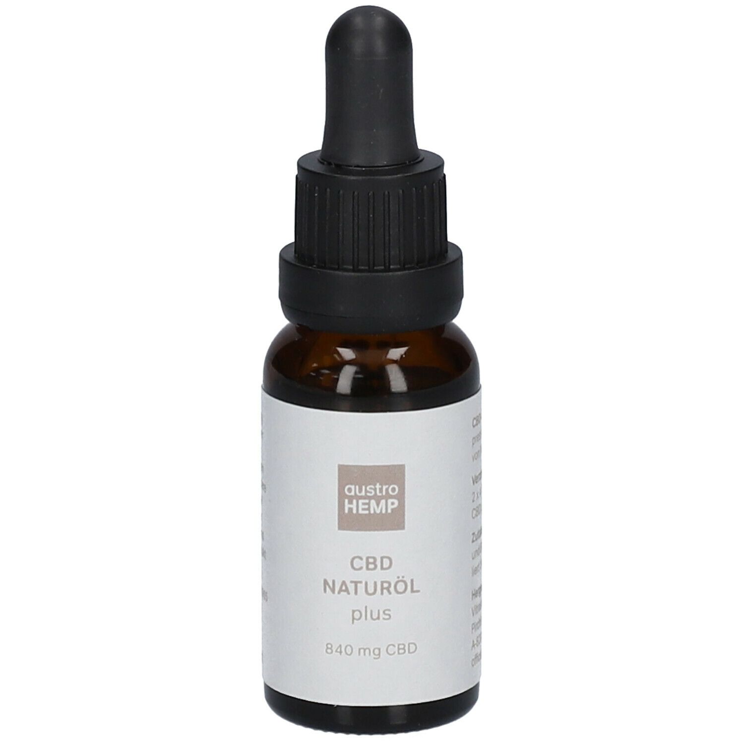 Braune Glasflasche mit Tropfer. Aufschrift: austroHEMP CBD Naturöl plus 840 mg CBD.