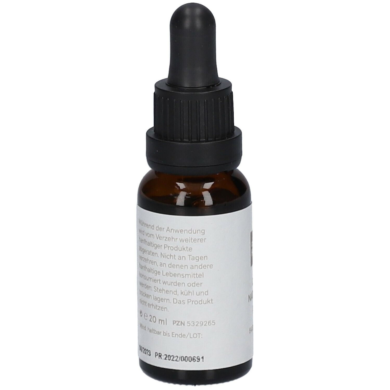 Braune Glasflasche mit Tropfer. Rückseite mit Text. Volumen: 20 ml.